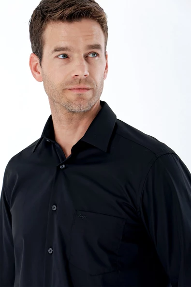 Siyah Uzun Kollu Bez Ayağı Sert Yaka Cepli Pamuklu Comfort Fit Rahat Kesim Gömlek 1004235351 - 5