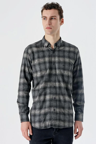 Mavi Uzun Kollu Ekoseli Bez Ayağı Düğmeli Yaka Cepli Pamuklu Comfort Fit Gömlek 1004235173 - Resim 3