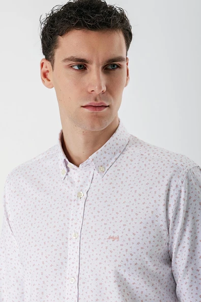 Ekru Uzun Kollu Baskılı Bez Ayağı Düğmeli Yaka Cepsiz Pamuklu Slim Fit Gömlek 1004235170 - Resim 5