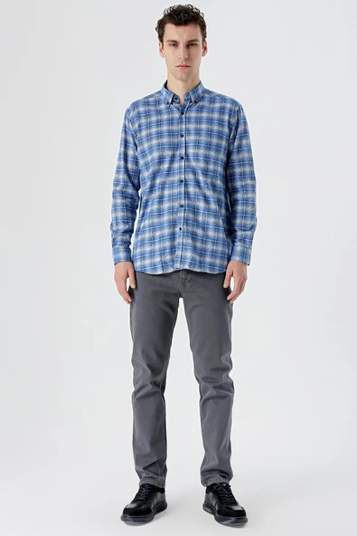 Siyah Uzun Kollu Ekoseli Bez Ayağı Düğmeli Yaka Cepli Pamuklu Comfort Fit Gömlek 1004235173 - Resim 5