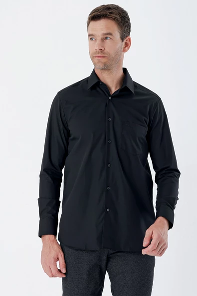 Siyah Uzun Kollu Bez Ayağı Sert Yaka Cepli Pamuklu Comfort Fit Rahat Kesim Gömlek 1004235351