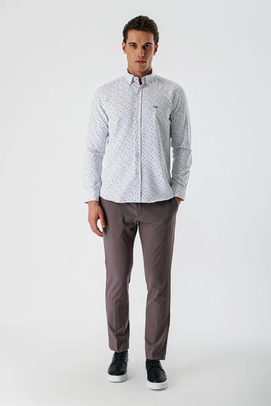 Beyaz Uzun Kollu Baskılı Bez Ayağı Düğmeli Yaka Cepsiz Pamuklu Slim Fit Gömlek 1004235170 - Resim 6