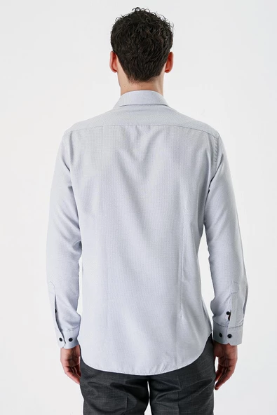 Siyah Uzun Kollu Desenli Armürlü Sert Yaka Cepsiz Pamuklu Slim Fit Dar Kesim Gömlek 1004235171 - Resim 6