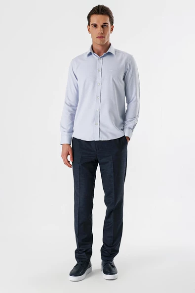 Koyu Lacivert Uzun Kollu Armürlü Cepsiz Pamuklu Slim Fit Gömlek 1004235171 - Resim 3