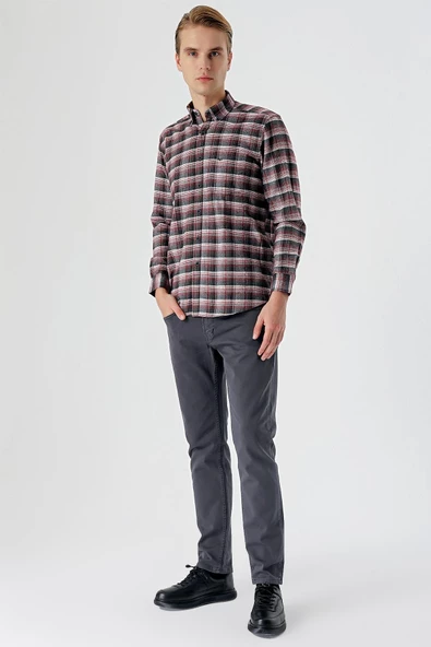 Bordo Uzun Kollu Ekoseli Bez Ayağı Düğmeli Yaka Cepli Pamuklu Comfort Fit Gömlek 1004235173 - Resim 4