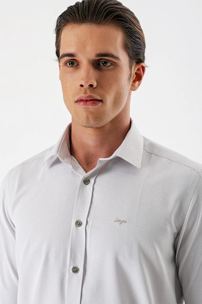 Açık Bej Uzun Kollu Desenli Armürlü Sert Yaka Cepsiz Pamuklu Slim Fit Dar Kesim Gömlek 1004235171 - Resim 6