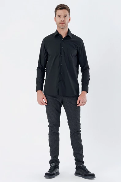 Siyah Uzun Kollu Bez Ayağı Sert Yaka Cepli Pamuklu Comfort Fit Rahat Kesim Gömlek 1004235351 - 2