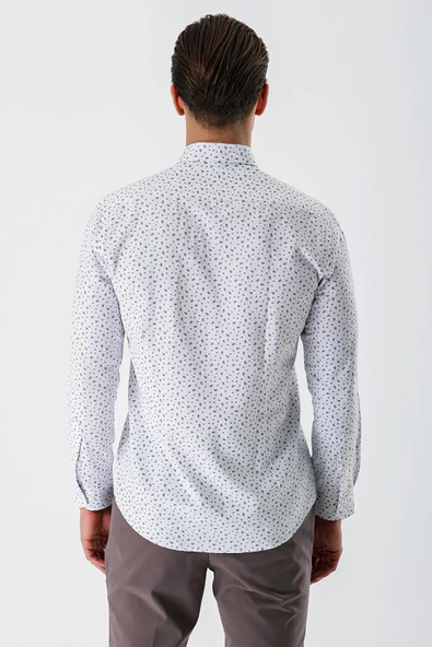 Beyaz Uzun Kollu Baskılı Bez Ayağı Düğmeli Yaka Cepsiz Pamuklu Slim Fit Gömlek 1004235170 - Resim 4
