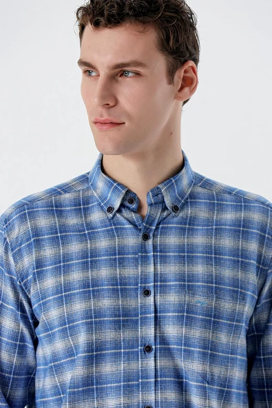 Siyah Uzun Kollu Ekoseli Bez Ayağı Düğmeli Yaka Cepli Pamuklu Comfort Fit Gömlek 1004235173 - Resim 2