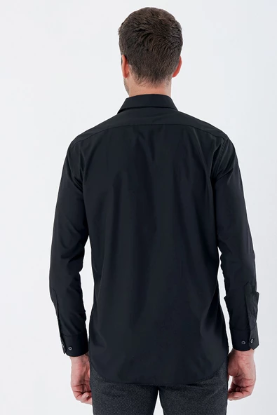 Siyah Uzun Kollu Bez Ayağı Sert Yaka Cepli Pamuklu Comfort Fit Rahat Kesim Gömlek 1004235351 - 6