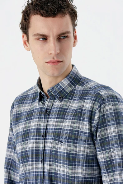 Koyu Vizon Uzun Kollu Ekoseli Bez Ayağı Düğmeli Yaka Cepli Pamuklu Comfort Fit Gömlek 1004235173 - Resim 2