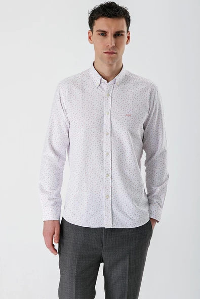 Ekru Uzun Kollu Baskılı Bez Ayağı Düğmeli Yaka Cepsiz Pamuklu Slim Fit Gömlek 1004235170 - Resim 2