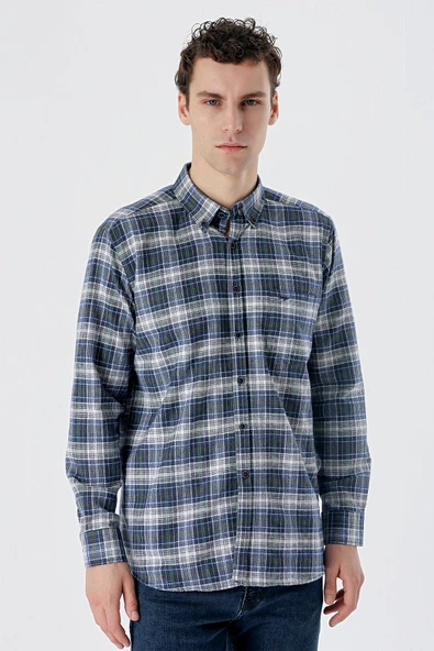 Koyu Vizon Uzun Kollu Ekoseli Bez Ayağı Düğmeli Yaka Cepli Pamuklu Comfort Fit Gömlek 1004235173 - Resim 5