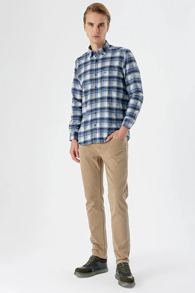 Vizon Uzun Kollu Ekoseli Bez Ayağı Düğmeli Yaka Cepli Pamuklu Comfort Fit Gömlek 1004235173 - Resim 4