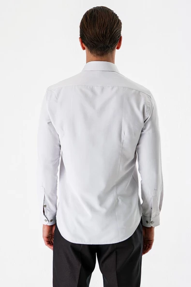 Açık Bej Uzun Kollu Desenli Armürlü Sert Yaka Cepsiz Pamuklu Slim Fit Dar Kesim Gömlek 1004235171 - Resim 7