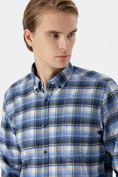 Bordo Uzun Kollu Ekoseli Bez Ayağı Düğmeli Yaka Cepli Pamuklu Comfort Fit Gömlek 1004235173 - 5