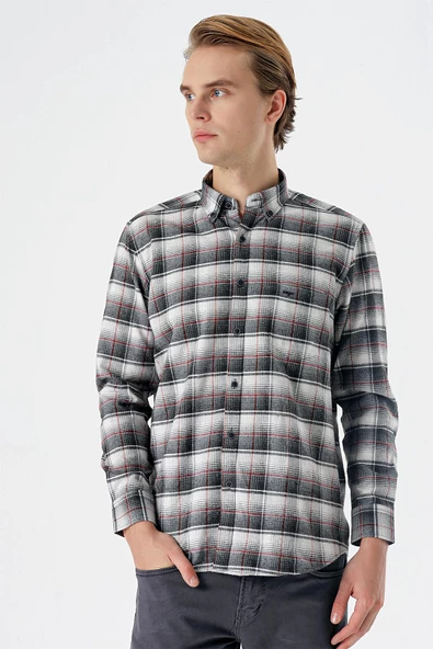 Vişne Uzun Kollu Ekoseli Bez Ayağı Düğmeli Yaka Cepli Pamuklu Comfort Fit Gömlek 1004235173 - Resim 3