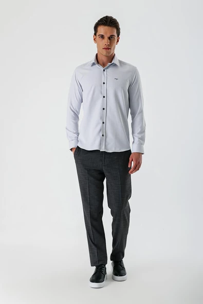 Gri Uzun Kollu Desenli Armürlü Sert Yaka Cepsiz Pamuklu Slim Fit Dar Kesim Gömlek 1004235171 - Resim 4