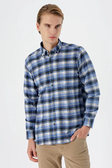 Bordo Uzun Kollu Ekoseli Bez Ayağı Düğmeli Yaka Cepli Pamuklu Comfort Fit Gömlek 1004235173 - 2