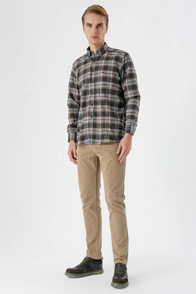 Gri Uzun Kollu Ekoseli Bez Ayağı Düğmeli Yaka Cepli Pamuklu Comfort Fit Gömlek 1004235173 - 6