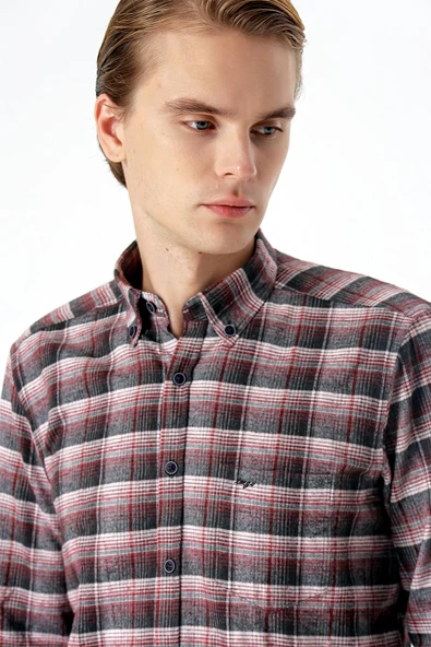 Bordo Uzun Kollu Ekoseli Bez Ayağı Düğmeli Yaka Cepli Pamuklu Comfort Fit Gömlek 1004235173 - Resim 5