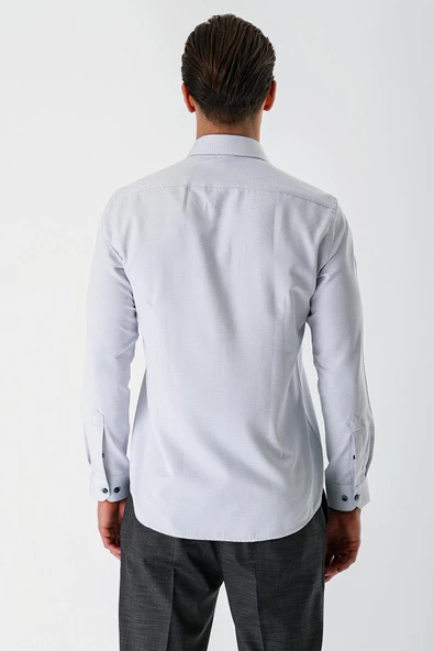 Gri Uzun Kollu Desenli Armürlü Sert Yaka Cepsiz Pamuklu Slim Fit Dar Kesim Gömlek 1004235171 - Resim 6