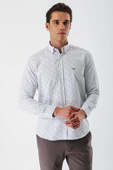 Beyaz Uzun Kollu Baskılı Bez Ayağı Düğmeli Yaka Cepsiz Pamuklu Slim Fit Gömlek 1004235170 - Resim 5