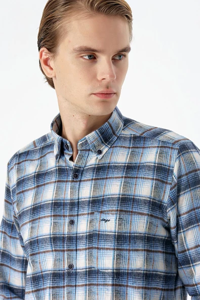 Vizon Uzun Kollu Ekoseli Bez Ayağı Düğmeli Yaka Cepli Pamuklu Comfort Fit Gömlek 1004235173 - Resim 5