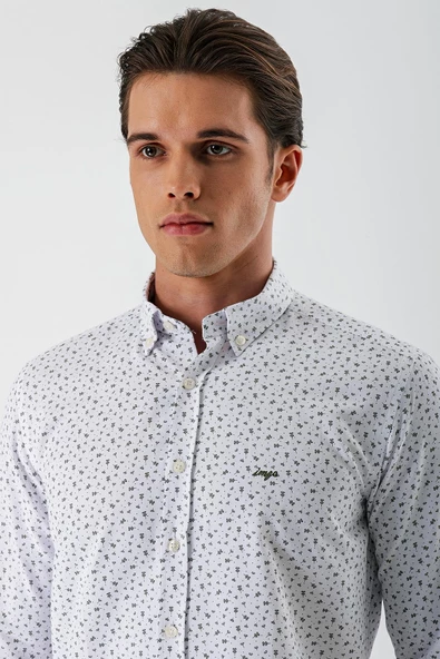 Beyaz Uzun Kollu Baskılı Bez Ayağı Düğmeli Yaka Cepsiz Pamuklu Slim Fit Gömlek 1004235170 - Resim 2