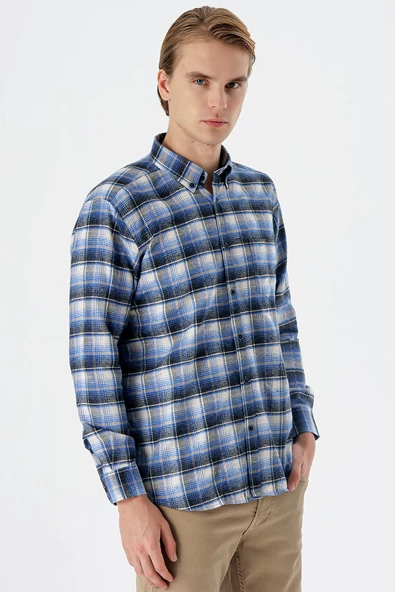 Bordo Uzun Kollu Ekoseli Bez Ayağı Düğmeli Yaka Cepli Pamuklu Comfort Fit Gömlek 1004235173 - 3