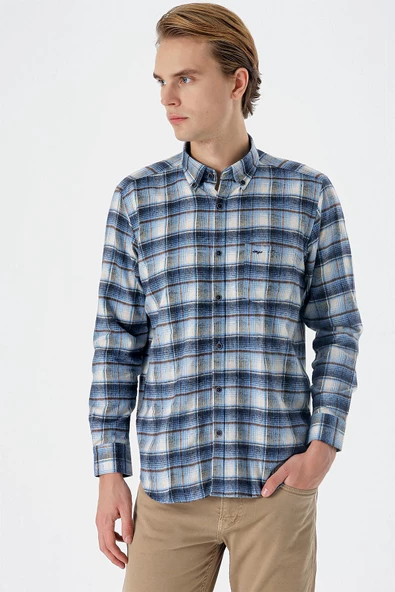 Vizon Uzun Kollu Ekoseli Bez Ayağı Düğmeli Yaka Cepli Pamuklu Comfort Fit Gömlek 1004235173 - Resim 3