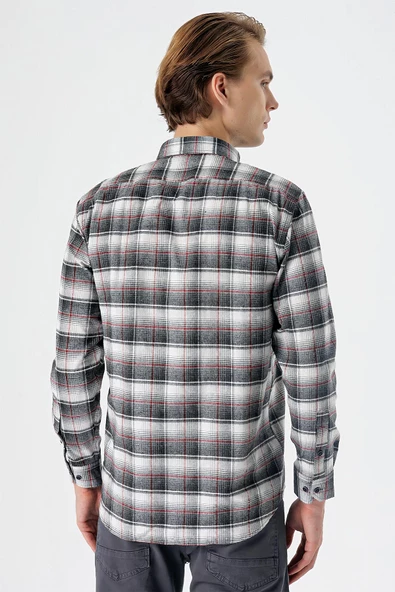 Vişne Uzun Kollu Ekoseli Bez Ayağı Düğmeli Yaka Cepli Pamuklu Comfort Fit Gömlek 1004235173 - Resim 2