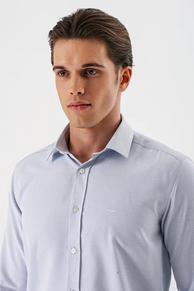 Koyu Lacivert Uzun Kollu Armürlü Cepsiz Pamuklu Slim Fit Gömlek 1004235171 - Resim 4