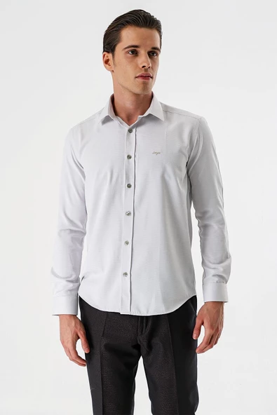 Açık Bej Uzun Kollu Desenli Armürlü Sert Yaka Cepsiz Pamuklu Slim Fit Dar Kesim Gömlek 1004235171 - Resim 3