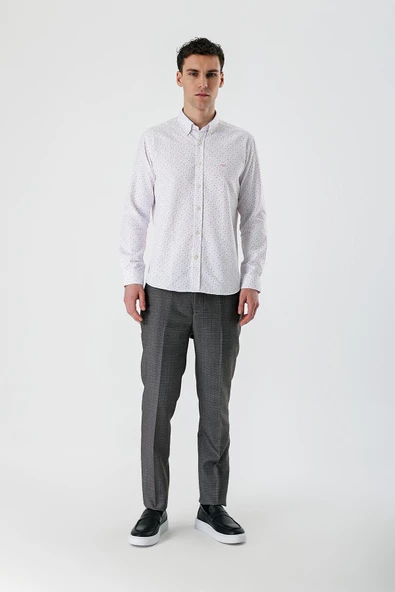 Ekru Uzun Kollu Baskılı Bez Ayağı Düğmeli Yaka Cepsiz Pamuklu Slim Fit Gömlek 1004235170 - Resim 4