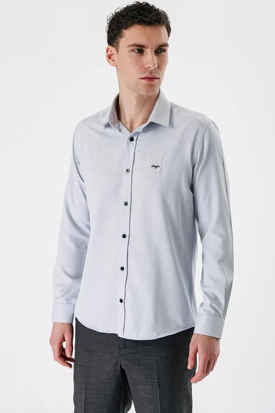 Siyah Uzun Kollu Desenli Armürlü Sert Yaka Cepsiz Pamuklu Slim Fit Dar Kesim Gömlek 1004235171 - Resim 3