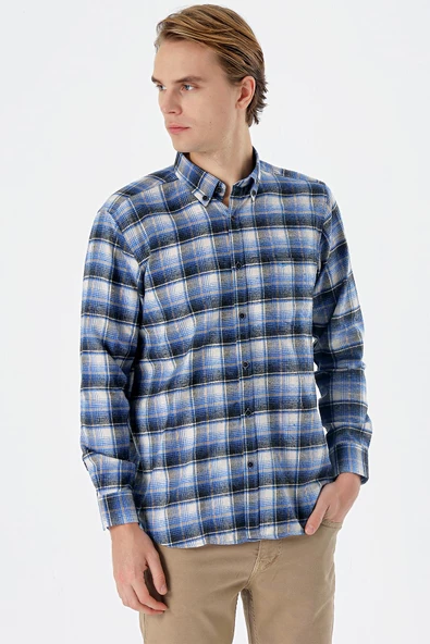 Bordo Uzun Kollu Ekoseli Bez Ayağı Düğmeli Yaka Cepli Pamuklu Comfort Fit Gömlek 1004235173