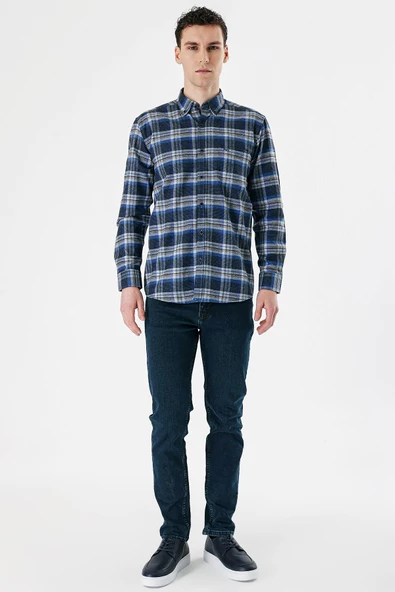 Koyu Lacivert Uzun Kollu Ekoseli Bez Ayağı Düğmeli Yaka Cepli Pamuklu Comfort Fit Gömlek 1004235173 - Resim 6