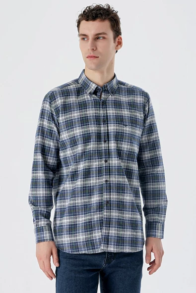 Koyu Vizon Uzun Kollu Ekoseli Bez Ayağı Düğmeli Yaka Cepli Pamuklu Comfort Fit Gömlek 1004235173 - Resim 3