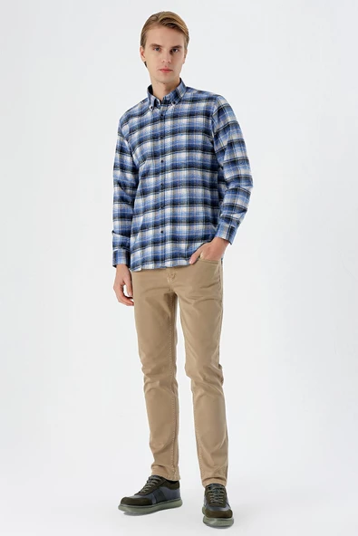 Bordo Uzun Kollu Ekoseli Bez Ayağı Düğmeli Yaka Cepli Pamuklu Comfort Fit Gömlek 1004235173 - 4