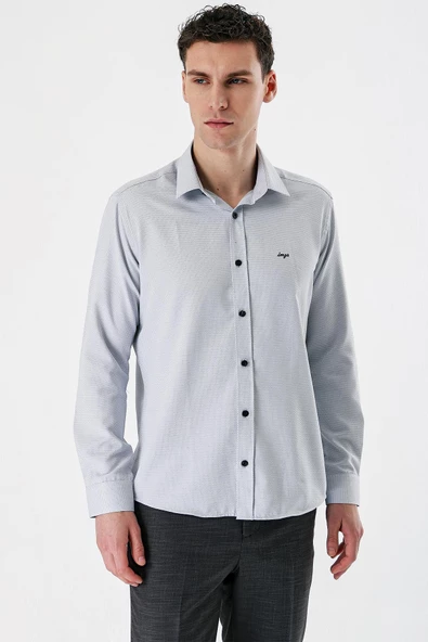 Siyah Uzun Kollu Desenli Armürlü Sert Yaka Cepsiz Pamuklu Slim Fit Dar Kesim Gömlek 1004235171 - Resim 2