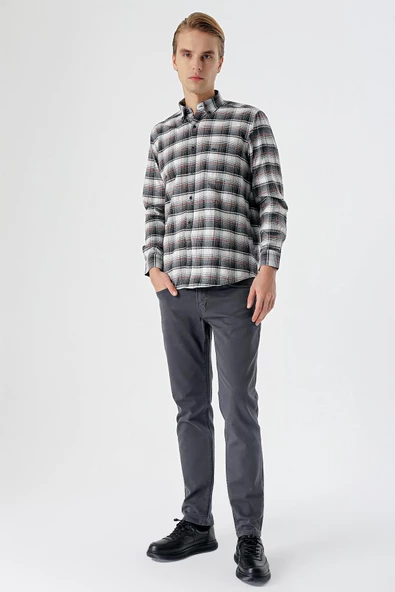 Vişne Uzun Kollu Ekoseli Bez Ayağı Düğmeli Yaka Cepli Pamuklu Comfort Fit Gömlek 1004235173 - Resim 4