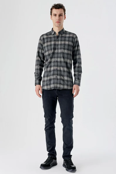 Mavi Uzun Kollu Ekoseli Bez Ayağı Düğmeli Yaka Cepli Pamuklu Comfort Fit Gömlek 1004235173 - Resim 4