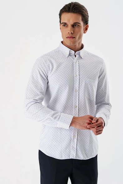 Ekru Uzun Kollu Baskılı Bez Ayağı Düğmeli Yaka Cepli Pamuklu Comfort Fit Gömlek 1004235164 - Resim 2