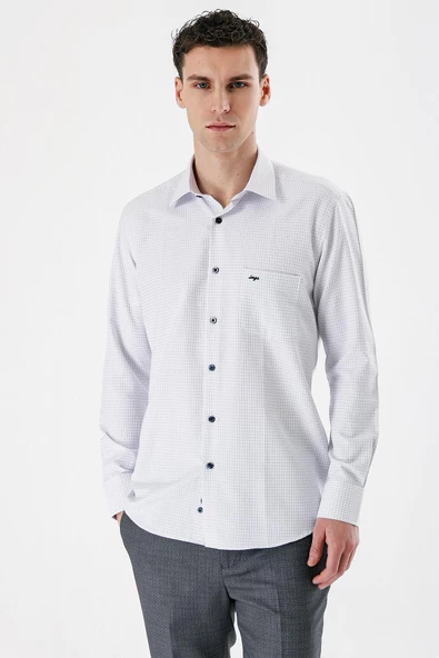 Koyu Lacivert Uzun Kollu Kareli Gabardin Sert Yaka Cepli Pamuklu Comfort Fit Gömlek 1004235162