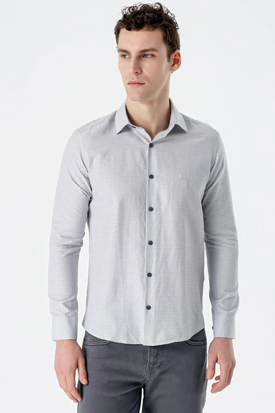 Gri Uzun Kollu Desenli Armürlü Sert Yaka Cepsiz Pamuklu Slim Fit Dar Kesim Gömlek 1004235168 - Resim 3