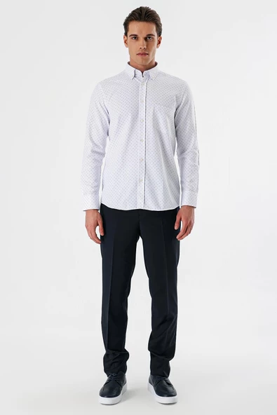 Ekru Uzun Kollu Baskılı Bez Ayağı Düğmeli Yaka Cepli Pamuklu Comfort Fit Gömlek 1004235164 - Resim 4