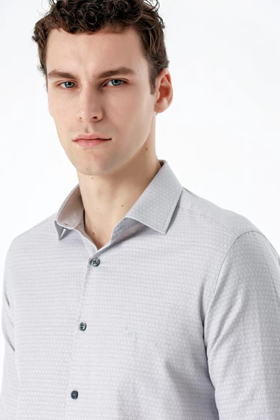 Gri Uzun Kollu Desenli Armürlü Sert Yaka Cepsiz Pamuklu Slim Fit Dar Kesim Gömlek 1004235168 - Resim 5