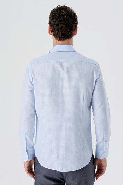 Koyu Mavi Uzun Kollu Desenli Armürlü Sert Yaka Cepsiz Pamuklu Slim Fit Dar Kesim Gömlek 1004235168 - Resim 6