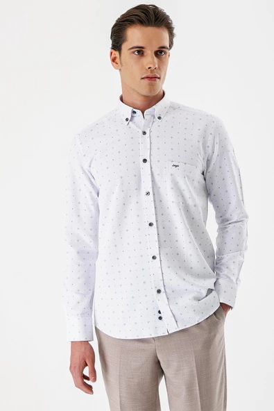 Beyaz Uzun Kollu Baskılı Armürlü Düğmeli Yaka Cepli Pamuklu Comfort Fit Gömlek 1004235166 - Resim 3